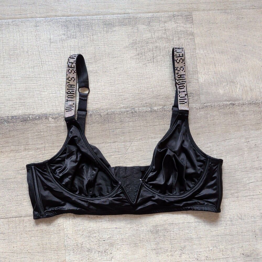 Victoria's Secret Black Bra Rhinestone Shine Strap Unlined Underwire Sexy Linger